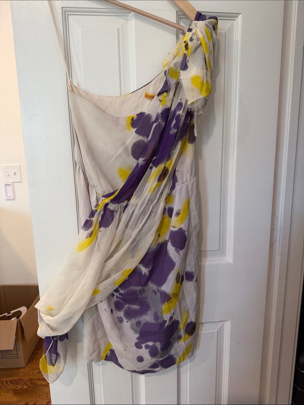 Alice + Olivia Silk One-Shoulder Floral-Print Dress in Purple, Yellow, Cream
